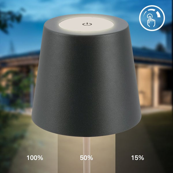 Dunkelgraue dimmbare Außen-Tischleuchte mit Touch-Funktion und drei Helligkeitsstufen: 100 Prozent, 50 Prozent und 15 Prozent.
