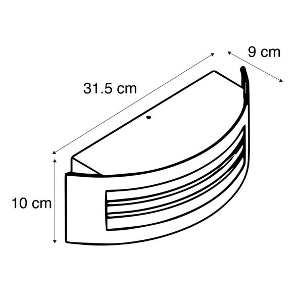 Maßzeichnung einer gebogenen Außenwandleuchte mit den Maßen: Breite 31,5 Zentimeter, Höhe 10 Zentimeter und Tiefe 9 Zentimeter.