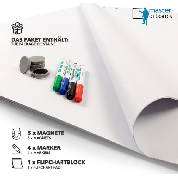 Master of Boards Flipchart-Set bestehend aus einem Flipchartblock, vier Markern und fünf Magneten.