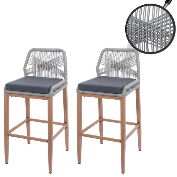 Zwei Barhocker mit grauem Seilgeflecht und Sitzkissen