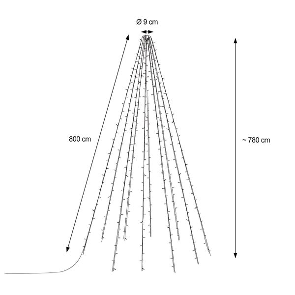 ECD Germany Fahnenmast Lichterkette, 10 Stränge à 8 Meter mit 360 LED in Warmweiß für Bäume, inkl. 10 Heringen und 10 Kabelbindern, Schwarz, IP44, Außen, Fahnenstangen Beleuchtung Außenbeleuchtung