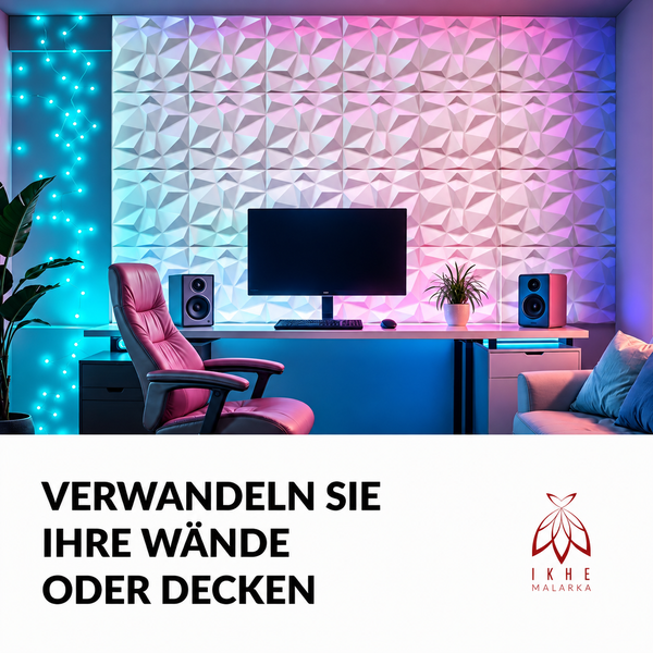 Moderne Wandgestaltung mit dreidimensionalen Wandpaneelen in einem gaming orientierten Arbeitszimmer mit indirekter Beleuchtung.