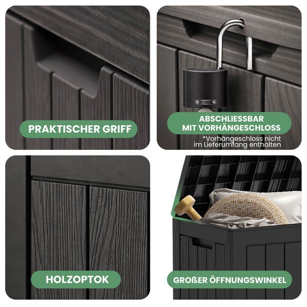 Produktmerkmale der Gartenbox: praktischer Griff, abschließbar mit Vorhängeschloss, Holzoptik und großer Öffnungswinkel.