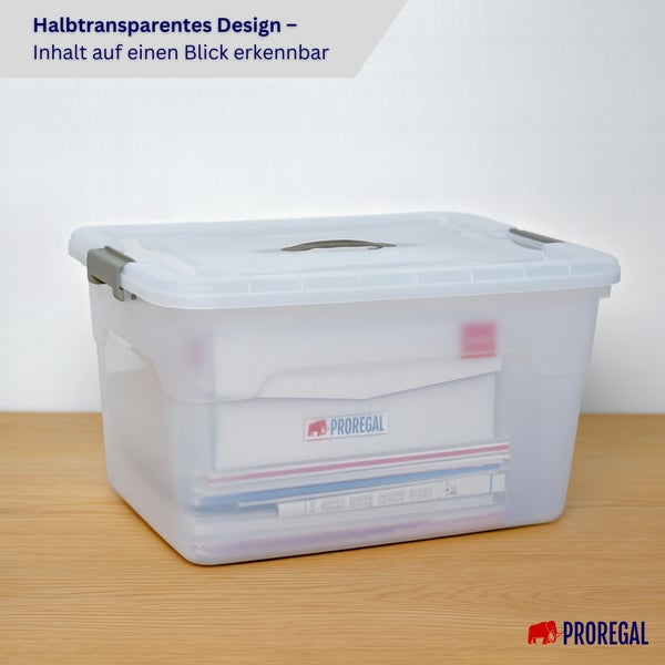 Halbtransparente Aufbewahrungsbox aus Kunststoff mit Deckel und Clipverschlüssen von Proregal.