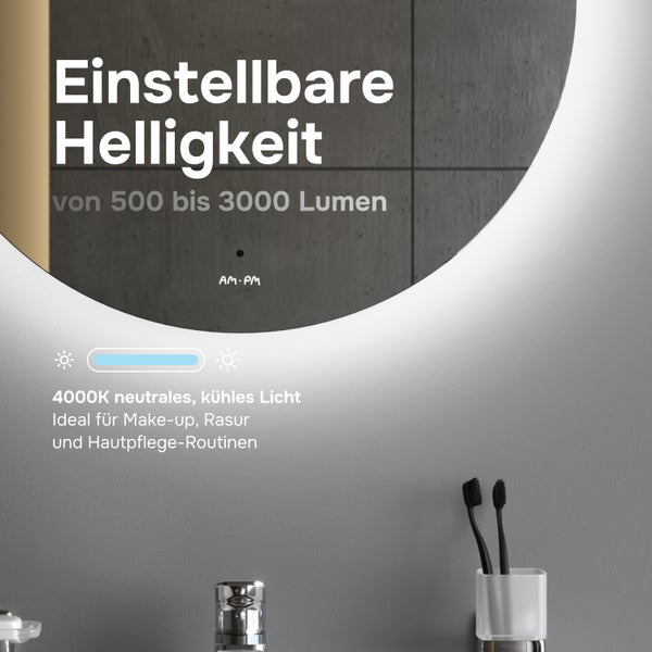 Beleuchteter runder Badspiegel mit einstellbarer Helligkeit von 500 bis 3000 Lumen und 4000 Kelvin neutralem Licht. AM.PM Logo.