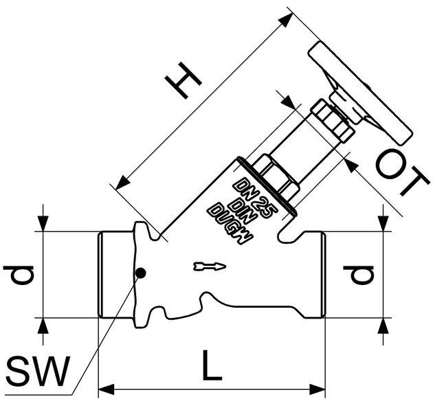 Technische Zeichnung eines Schrägsitzventils mit Maßangaben für Länge, Höhe und Durchmesser sowie Markierung für DN 25.