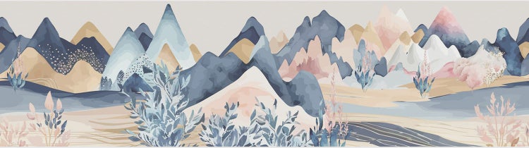 Vliestapete mit einer stilisierten Berglandschaft und Pflanzen im Aquarell-Stil.