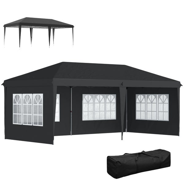 Schwarzer Faltpavillon mit Seitenteilen, Fenstern und Tragetasche.