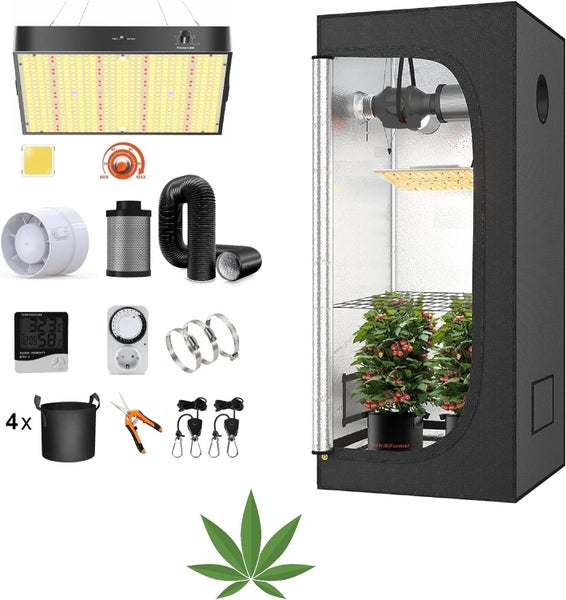 JUNG Growbox Komplettset Anbau Set mit LED Vollspektrum Grow Lampe Dimmbar, 140x140x200 cm, mit Ventilator, Abluft Aktivkohlefilter, Growzelt Anzucht Gewächshaus, Grow Tent Complete Set