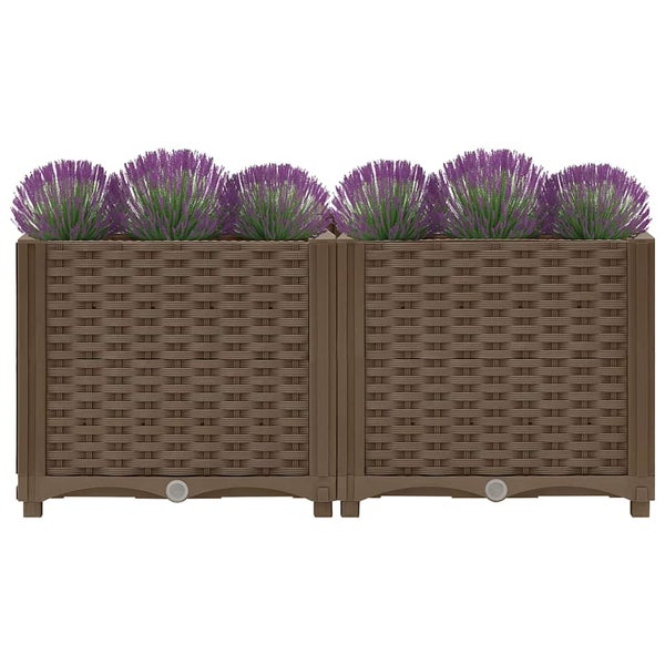 Zwei braune rechteckige Pflanzkästen aus Polyrattan in Flechtoptik bepflanzt mit Lavendel.