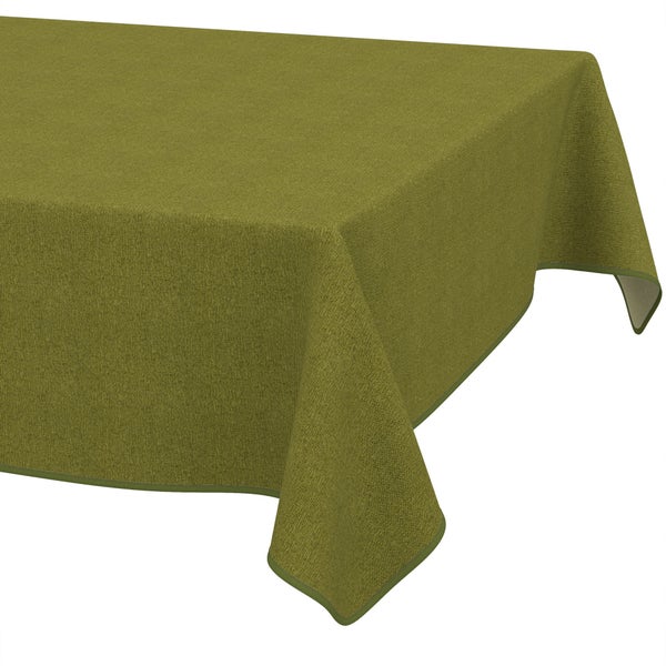 Grüne Tischdecke mit gewebter Struktur und verstärktem Rand.