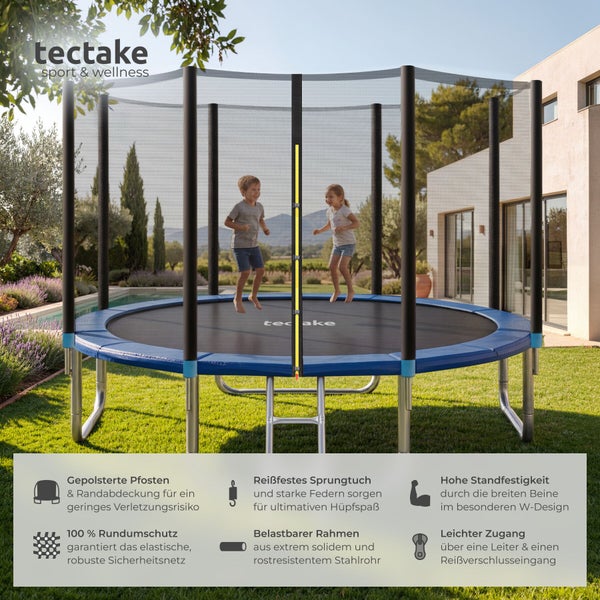tectake sport & wellness Logo. Stabiles Gartentrampolin mit Sicherheitsnetz, Leiter und Polsterung in einem hellen Garten mit zwei Kindern.