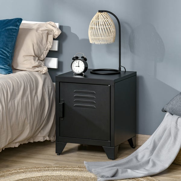 HOMCOM Nachttisch Nachtschrank Schlafzimmer Beistelltisch mit verstellbarem Regal Tür Nachtkommode Industriedesign, 50 x 40 x 47,5 cm, Metall, Schwarz