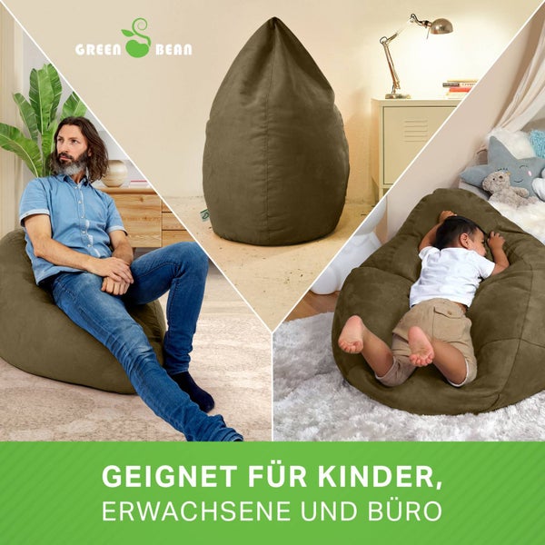 Green Bean Sitzsack mit Rückenlehne 60x60x90cm - Indoor Sitzkissen 220L Füllung Kuschelig Waschbar - Bean Bag Bodenkissen Lounge Chair Sitzhocker - Olivgrün