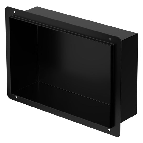 Schwarze Wandnische aus Metall für Badezimmer oder Dusche, rechteckig mit Montagerahmen.