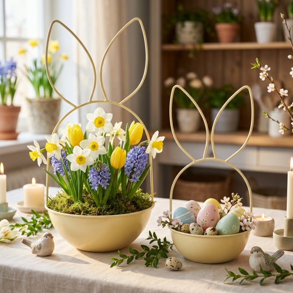 Zwei dekorative Osterkörbe aus Metall mit Hasenohren Motiven, gefüllt mit Frühlingsblumen und Ostereiern als festliche Tischdekoration.