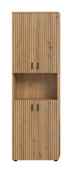 Hochschrank in Eiche-Optik mit Lamellentüren. Maße: Höhe 192 Zentimeter, Breite 60 Zentimeter, Tiefe 30 Zentimeter. Mit Innenmaßen und Traglasten.