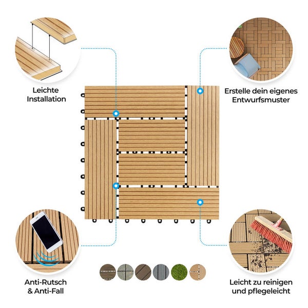 FLOORDIREKT WPC Klickfliesen Classic - für Balkon und Terrasse 30 x 30 cm - Teak 11er-Set 1 m²