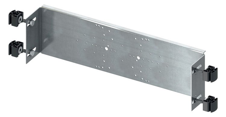 Montagetraverse für Sanitärinstallationen aus verzinktem Metall mit Kunststoffbefestigungen.