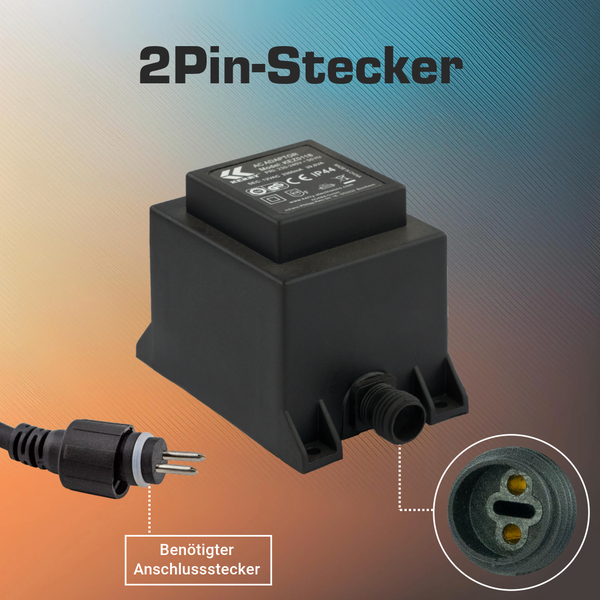 Transformator mit 2-Pin-Stecker-Anschluss und Schutzart IP44 für den Außenbereich.