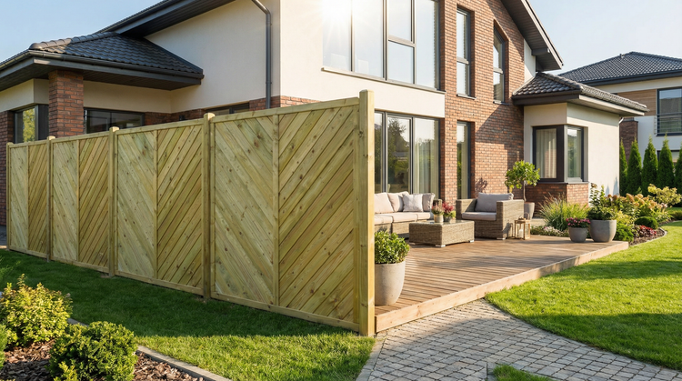 Holzzaun im Garten neben einer Terrasse mit Gartenmöbeln