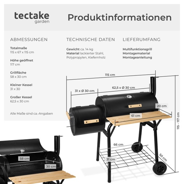 Holzkohlegrill tectake  115 x 67 x 115 cm 3 in 1, zum Grillen, Räuchern, Garen, mit 2 Rädern schwarz