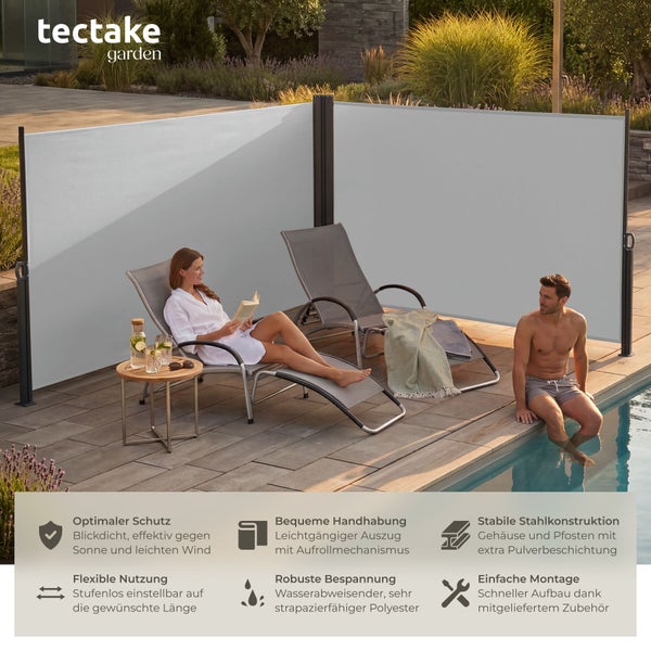 tectake garden Logo. Ausziehbare Doppel-Seitenmarkise aus Polyester und Stahl als Sichtschutz auf einer hellen Terrasse am Pool mit Sonnenliegen.