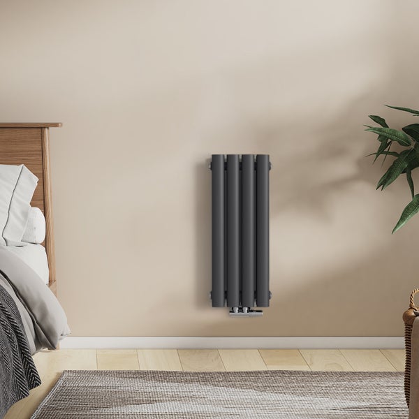 EMKE Badheizkörper 600×240 mm, Designheizkörper, Vertikal, Doppelrohr oval, 248 W, Anthrazit, für Warmwasserbetrieb, für Bad, Zentralanschluss