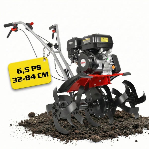 Motorhacke mit 6,5 PS und einer Arbeitsbreite von 32 bis 84 Zentimeter.