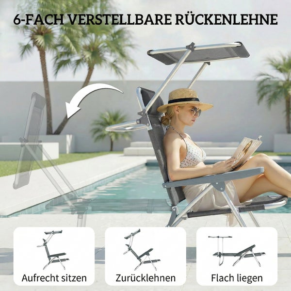 Sonnenliege mit Sonnendach und sechsfach verstellbarer Rückenlehne, dargestellt in verschiedenen Sitz- und Liegepositionen an einem Pool.