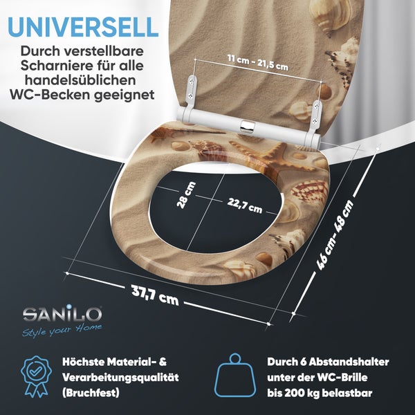 WC-Sitz mit Strandmotiv aus Muscheln und Seesternen inklusive Maßangaben. Belastbar bis zu 200 Kilogramm und bruchfest. SANILO Logo.
