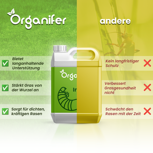 Vergleich von Organifer Rasenpflegeprodukt mit anderen Produkten: Organifer bietet langanhaltende Unterstützung, stärkt Gras von der Wurzel an und sorgt für dichten, kräftigen Rasen, im Gegensatz zu anderen Produkten.
