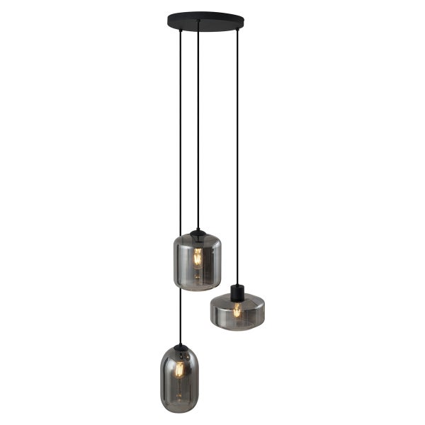 Pendelleuchte mit drei grauen Glasschirmen