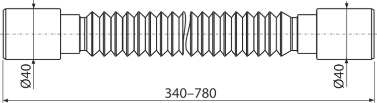 Technische Zeichnung eines flexiblen Ablaufschlauchs mit einem Durchmesser von 40 Millimeter und einer Länge von 340 bis 780 Millimeter.