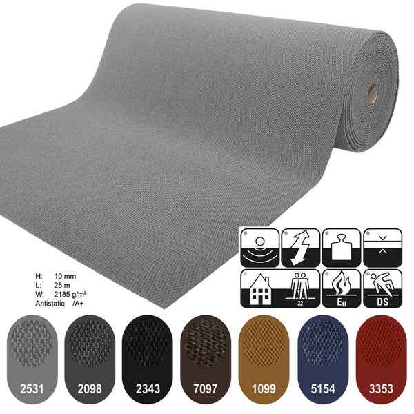 Grauer Teppichläufer als Rollenware mit verschiedenen Farbmustern