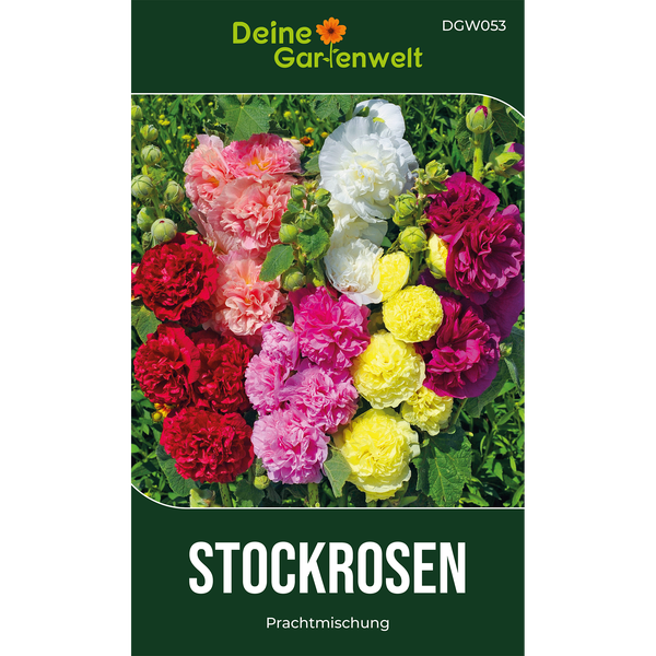 Deine Gartenwelt Logo, Samentüte Stockrosen Prachtmischung mit vielen bunten, gefüllten Blüten.