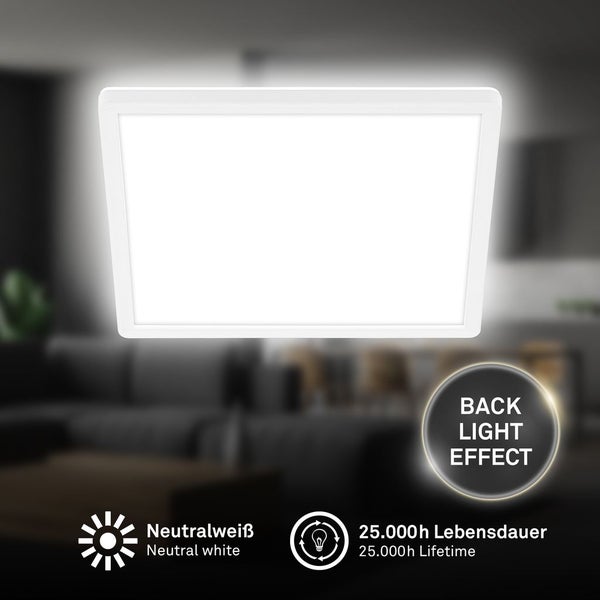 Quadratisches LED-Panel als Deckenleuchte mit neutralweißem Licht, indirektem Backlight-Effekt und 25000 Stunden Lebensdauer.