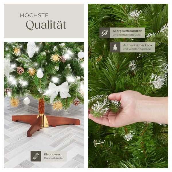 Detailaufnahme eines geschmückten Weihnachtsbaums mit klappbarem Baumständer aus Holz. Allergikerfreundlich und geruchsneutral mit authentischem Look und weißen Spitzen.