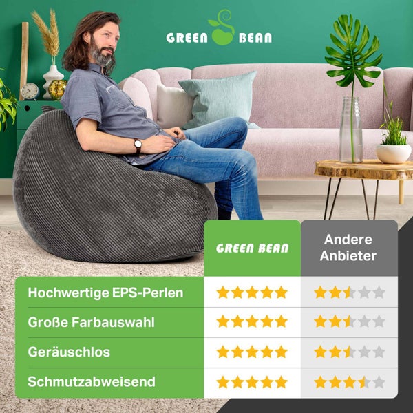 Green Bean Indoor Sitzsack 90x110cm EPS-Perlen Füllung & Cordstoff Kuschelig Weich Waschbar - Drinnen Bodenkissen Liegekissen Sitzkissen Sitzhocker Relax-Sessel Kinder Erwachsene Stoff Anthrazit