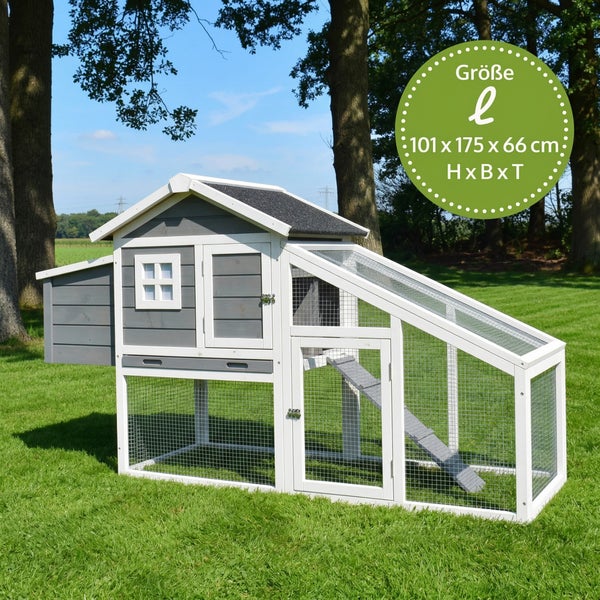 Grauer und weißer Hühnerstall aus Holz mit Freilaufgehege, Größe L, Maße 101 mal 175 mal 66 Zentimeter, mit Rampe und Nistkasten.