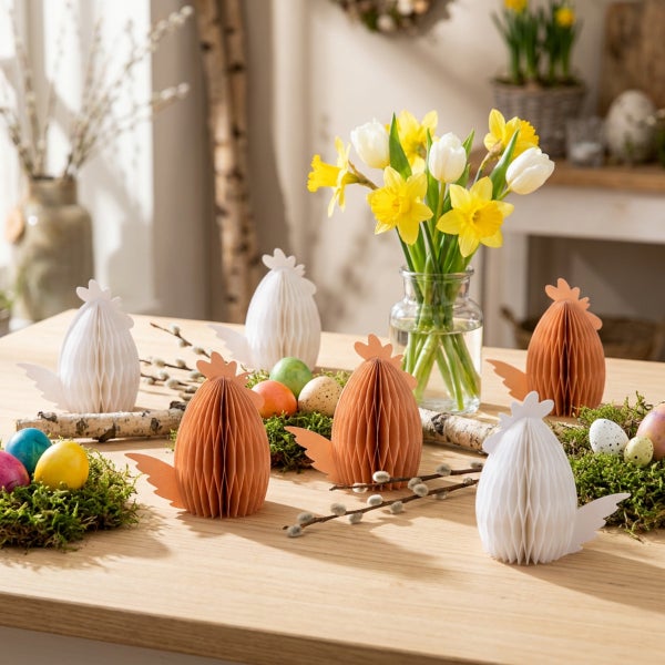 Osterdekoration mit Papierhühnern und bemalten Eiern auf einem Holztisch mit einer Blumenvase mit Narzissen und Tulpen.