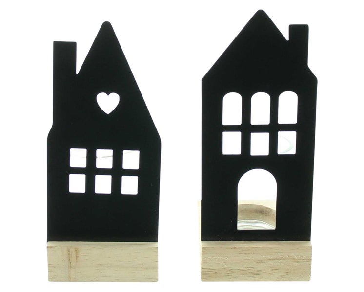 FRANK FLECHTWAREN | Windlicht Haus, 2er Set, METALL, HOLZ, GLAS, 8 x 7 x 15 cm, 8 x 7 x 16 cm