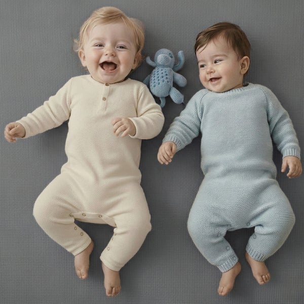Zwei Babys in gestrickten Overalls liegen auf einer grauen Oberfläche.