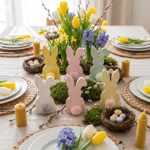 Festlich gedeckter Esstisch mit Osterdekoration, Holzhasen, Frühlingsblumen, Bienenwachskerzen und kleinen Nestern mit Ostereiern.