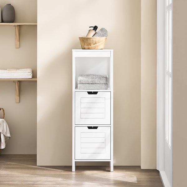 Weißer Badezimmerschrank mit Schubladen und Regalfach zur Aufbewahrung von Badutensilien und Handtüchern.