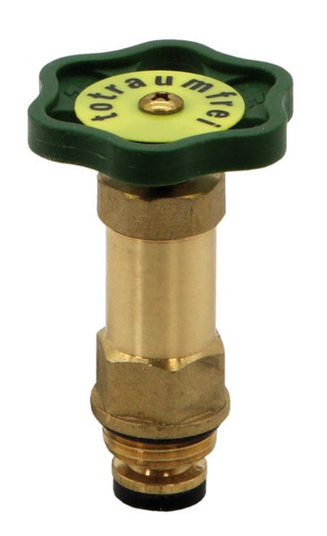 Messing-Oberteil für Schrägsitzventile mit grünem Handrad, totraumfrei.