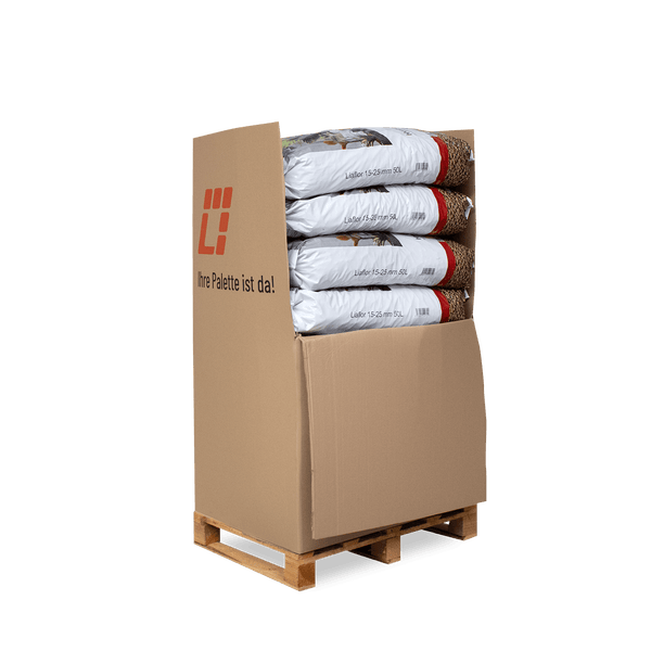 Palette mit mehreren Säcken Liaflor Blähton, Körnung 15 bis 25 Millimeter, in einer Kartonverpackung auf einer Holzpalette.