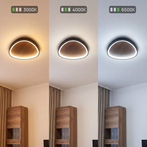 LED-Deckenleuchte mit einstellbarer Farbtemperatur von 3000 Kelvin bis 6500 Kelvin, Holzoptik und indirekte Beleuchtung.