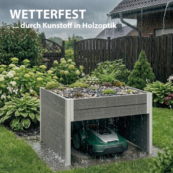 Wetterfeste Mähroboter Garage aus Kunststoff in Holzoptik im Garten bei Regen mit bepflanztem Gründach.