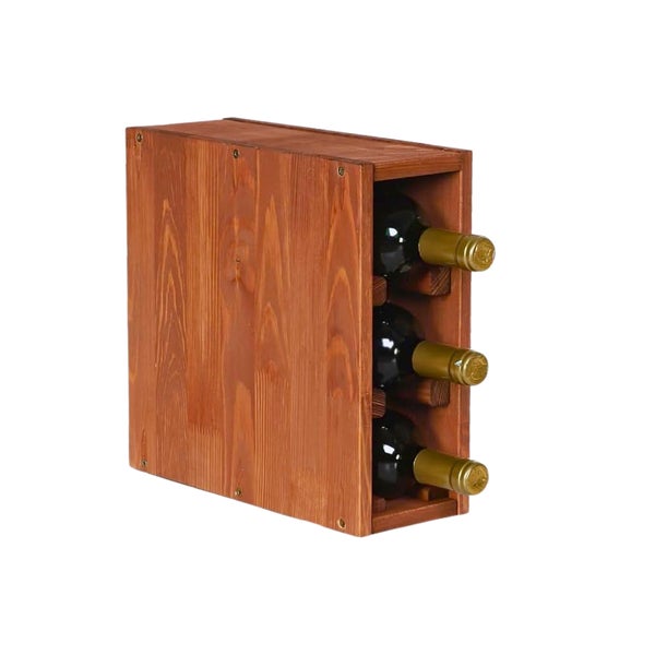 Weinregal aus Holz für drei Flaschen, braun, zur horizontalen Lagerung.